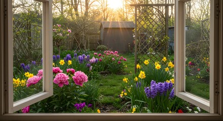 Fototapeta premium Spring garden view from window