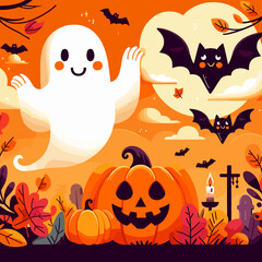 Happy Halloween Vector Illustration – Spooky Graveyard Scene with Pumpkins