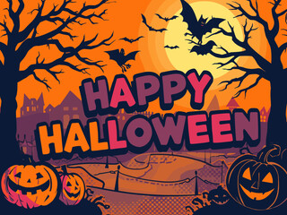 Happy Halloween Vector Illustration &ndash; Spooky Graveyard Scene with Pumpkins