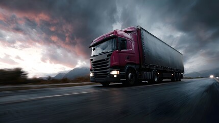 A crimson semi truck drives on a wet highway under a dramatic cloudy sky at dusk