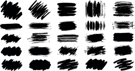 Vector art of collection of black brush strokes and paint splatters