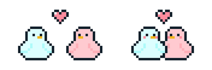 Fototapeta premium 8-bit pixel art pink blue couple birds stick close to each other