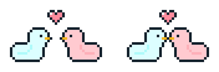 8-bit pixel art pink blue couple birds kissing
