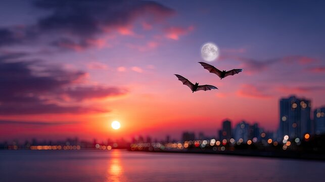 Silhouette of Bats Flying Over Cityscape at Sunset with Purple and Red Sky and Full Moon in Dramatic Cinematic HDR