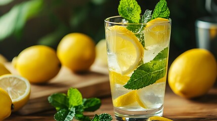 Lemon water with mint poured into glass