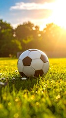 Soccer ball on a grassy field at sunset