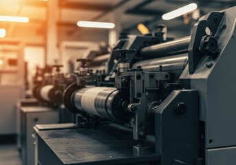 Fototapeta premium Printing press rollers and mechanisms inside a factory. Automated production machinery for large scale commercial printing for banner, poster, or blog post. 
