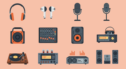 Collection of 12 flatdesign audio equipment icons on a peach background