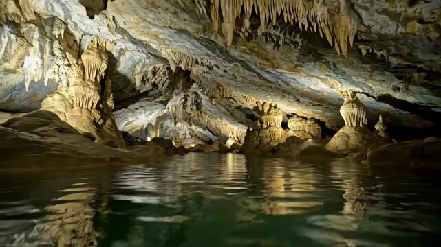 Slow tracking shot along a subterranean river winding through a vast limestone cave, reflections dancing on the ceiling adventure, eerie, formation