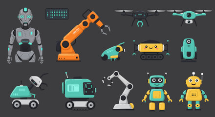 Collection of various stylized robotic units and machinery on a dark background