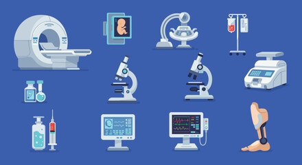 Flat design icons of various medical and laboratory equipment on a blue background