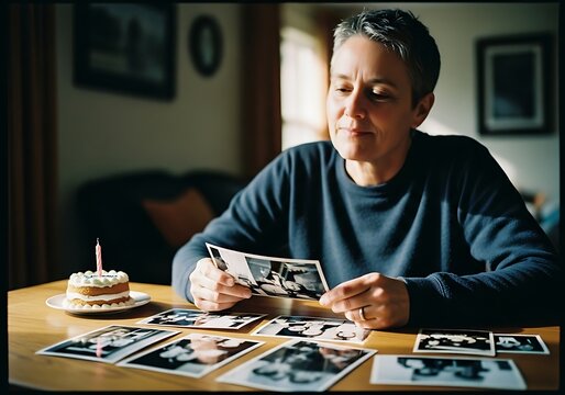 Woman with short hair looking at old black and white photos on her birthday, with a small cake and candle.