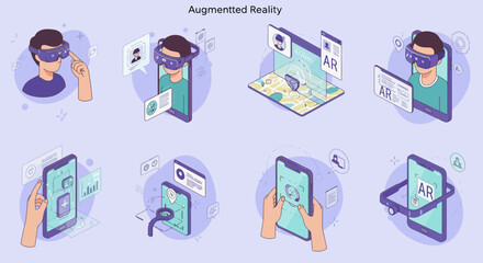 Isometric illustrations depicting various augmented reality interactions and devices