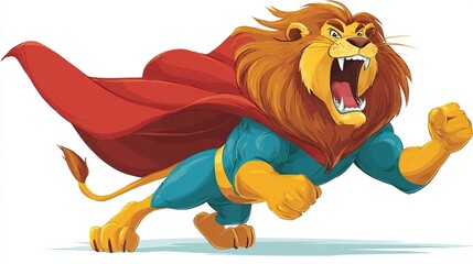 Obraz premium Cartoon lion superhero in flight, roaring, with red cape