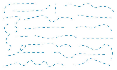 Hand drawn curve dotted line. Curly dotted line. Long dashed hand drawn squiggle. Dotted spiral curve line.