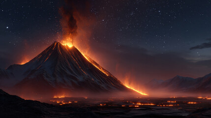 Volcanic eruption at night with glowing lava flowing down mountain and fiery smoke rising under starry sky, creating dramatic and intense natural scene