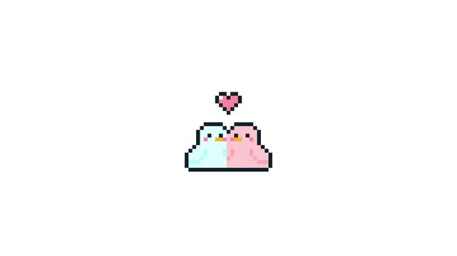 8-bit pixel art pink blue couple birds stick close to each other. looped animation 4k 30fps