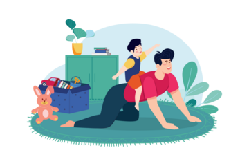Father Playing with Two Sons on Teal Rug with Toys Plants and Blue Accents in Transparent Background Vector Illustration