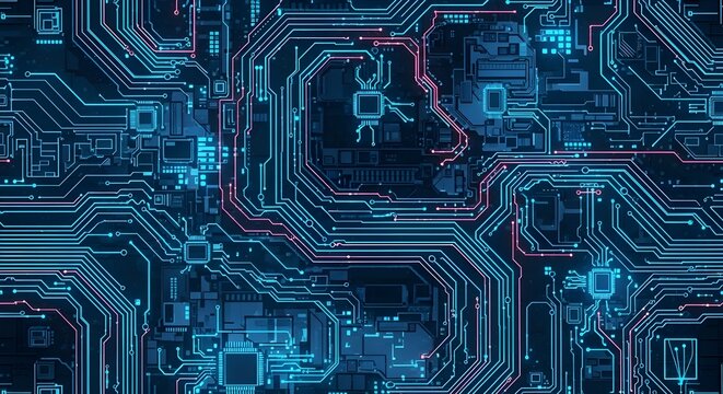 Futuristic Abstract Digital Circuit Board with Glowing Blue and Red Lines, Representing Technology and Connectivity