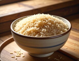 Uncooked Rice in a Ceramic Bowl on Wooden Surface