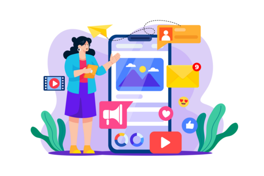 Female Character Presenting Social Media on Smartphone with Transparent Background