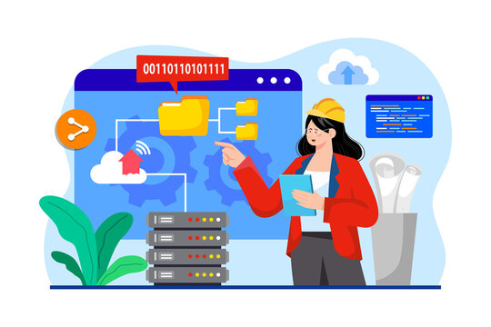 Female Engineer Pointing at Data Server Network with Binary Code in Blue and Yellow Illustration on White Background