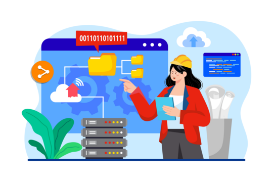 Female Engineer Pointing at Data Server Network with Binary Code in Blue and Yellow Illustration on White Background