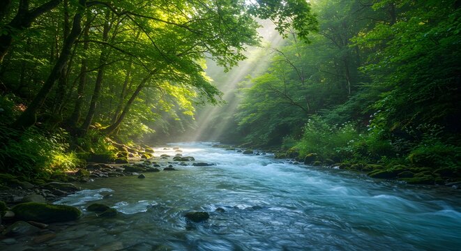 Sunlight streams through lush forest over creek - Powered by Adobe