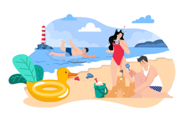 Family Enjoying Beach Vacation with Yellow Duck Float Sandcastle and Lighthouse in Background on a Sunny Day Vector