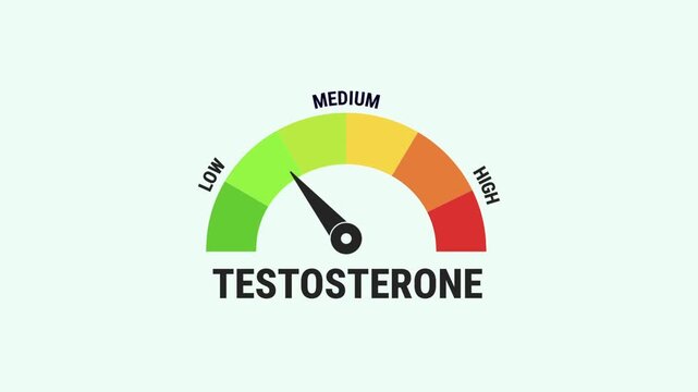 Animation testosterone level display, indicator moving from low to high, male hormone gauge presentation, wellness progress tracking, body growth infographic, vital sign monitor