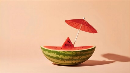 A playful still-life of half a watermelon styled like a boat, with a bright red cocktail umbrella stuck in the middle.