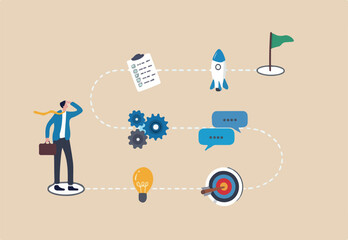 Winning plan to success, strategy step to reach success, career journey, project management or idea development, challenge, flowchart to succeed concept, businessman walk on winning plan journey