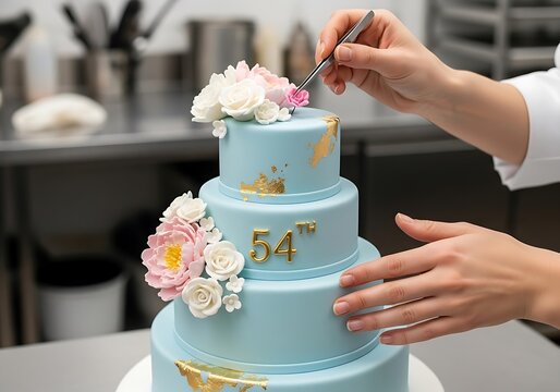 Hands of a Pastry Chef Decorating a Stunning Blue and Gold Three-Tiered 54th Birthday Cake with Flowers