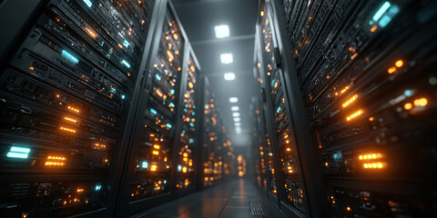 Fototapeta premium Futuristic glowing server room with rows of racks and blinking lights representing data storage and network infrastructure