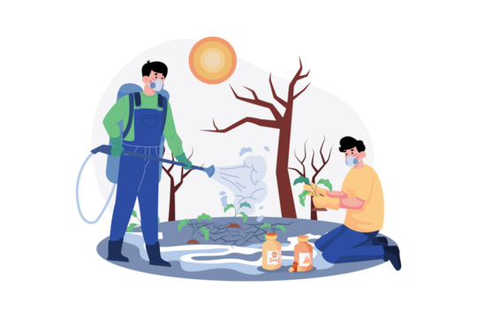 Farmers Spraying Pesticides in a Field Wearing Blue Overalls and Yellow Shirts with Dead Trees and a Yellow Sun on Transparent Background