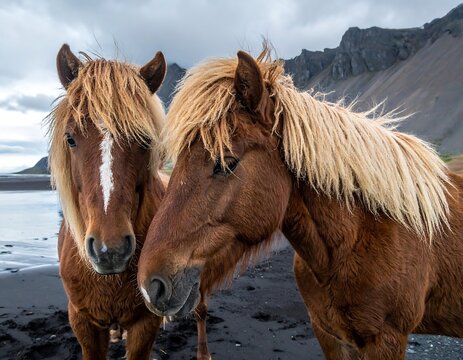Two Icelandic horses stand close together on a black sand beach, mountains in the background
