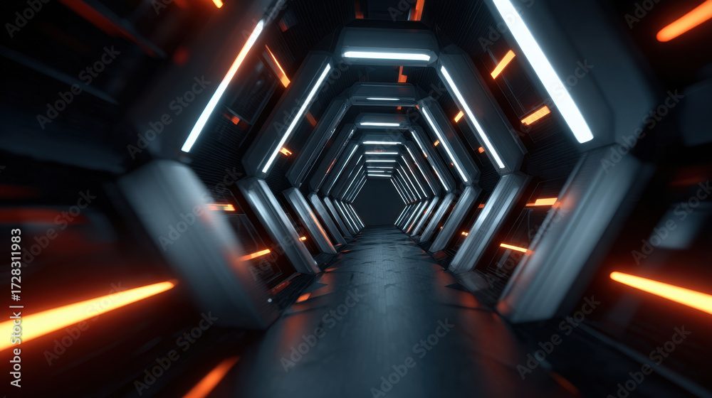 Wall mural futuristic hexagonal tunnel with glowing white and orange lights creating high tech corridor atmosph
