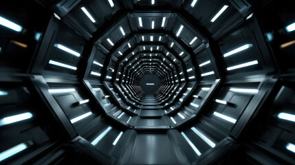 Futuristic hexagonal tunnel with glowing white lights and metallic walls creating high tech sci fi atmosphere and sense of depth and motion