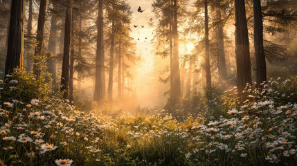 Enchanting forest scene at sunrise nature photography tranquil environment gigapixel quality serene viewpoint