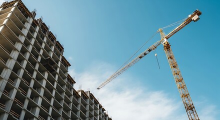 Fototapeta premium A tall yellow construction crane extends its arm over a multistory building under construction against a clear blue sky