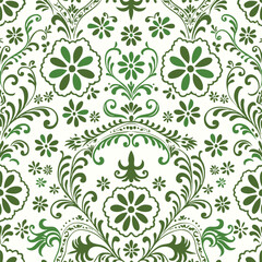 Symmetrical seamless ornamental pattern with stylized green flowers and intricate scrolls in a classic damask style. Ideal for traditional textiles, elegant wallpapers, and decorative projects