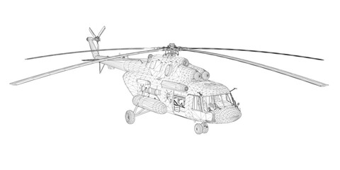 A detailed 3D wireframe model of a helicopter features a black and white and an open cockpit revealing internal components. © German Ovchinnikov
