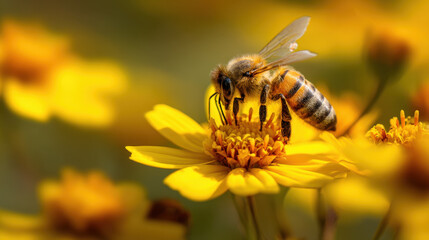 Bee collecting pollen from yellow flowers nature scene close-up photography vibrant environment macro viewpoint