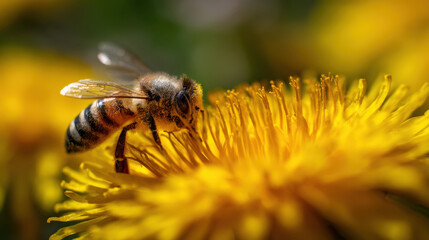 Bee collecting nectar from yellow flower garden macro photography nature close-up pollination process