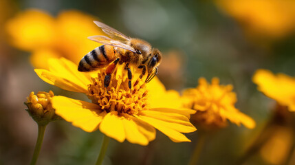 Bee collecting pollen from vibrant flowers nature close-up shot outdoor garden macro photography pollination importance