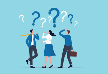 Confused people with confusion problem or doubt, lost in trouble or complexity, complicated questions or misunderstanding concept, businessman and businesswoman with many of confused question marks