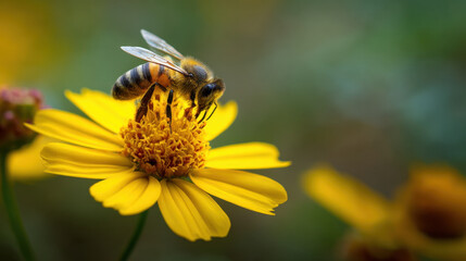 Bee pollination action in nature close-up photography vibrant environment macro viewpoint pollination concept