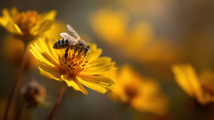 Bee collecting nectar from vibrant yellow flowers in nature close-up photography macro environment stunning details