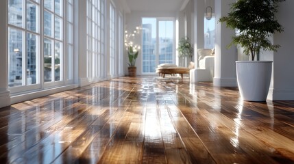 Sunlit Modern Interior with Wooden Plank Floor and Large Windows Cinematic Look