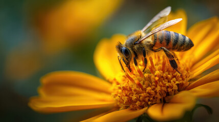 Bee collecting pollen on vibrant yellow flower closeup nature scene macro photography outdoor environment detailed view